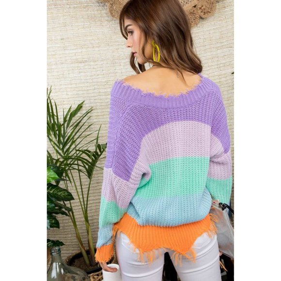 Main Strip Color Block Distressed Sweater - Picture 3 of 5